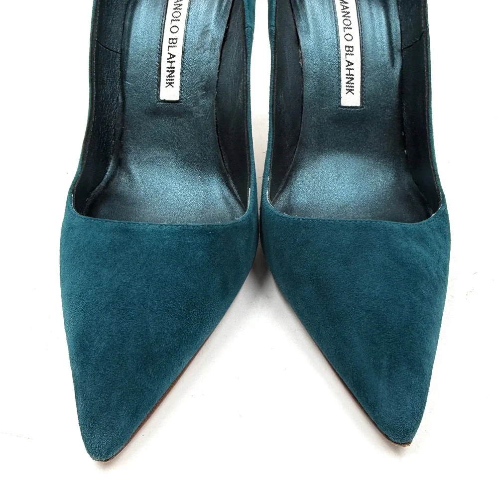 Manolo Blahnik BB Suede Pumps Teal Pointed Stiletto Heels Slip On Sz 39.5 / 9.5 - Picture 4 of 9